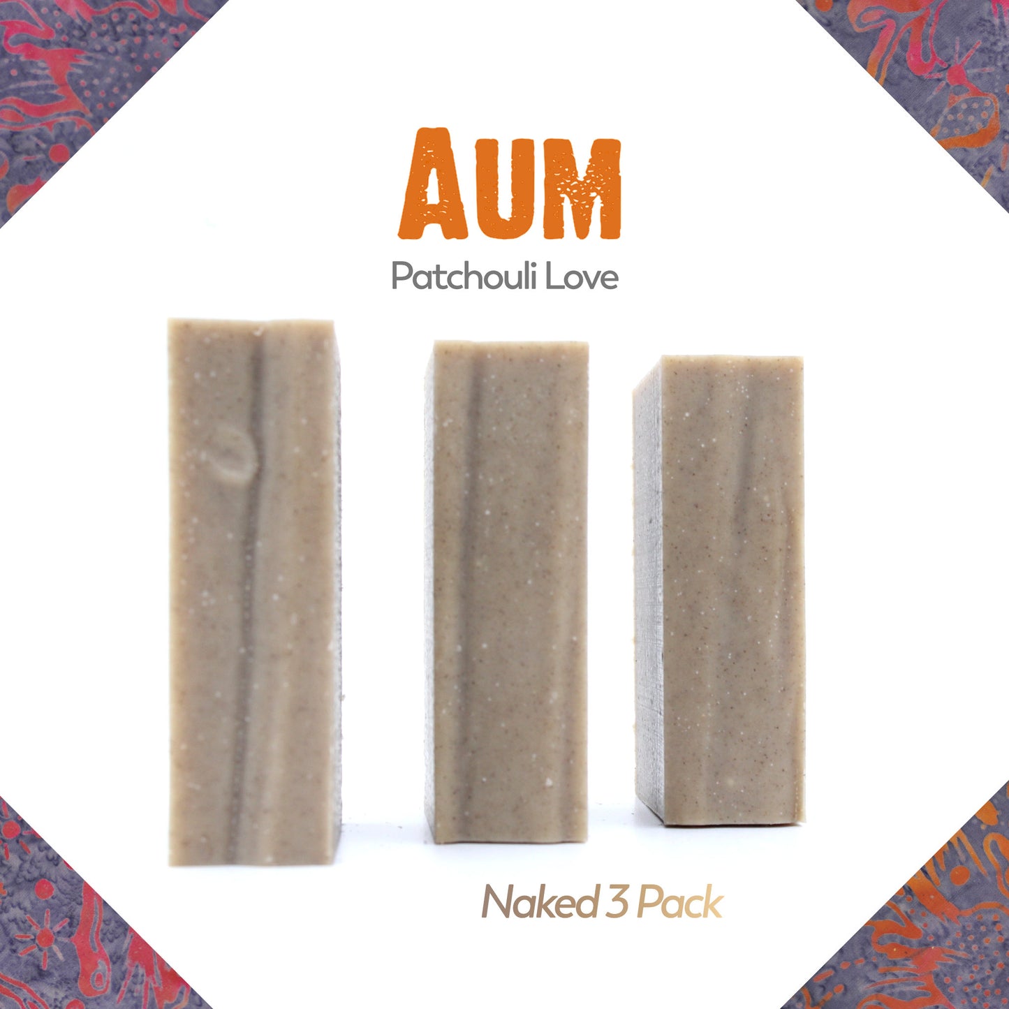 Three pack of unpackaged Aum Patchouli essential oil organic bar soap from Ground Soap. 