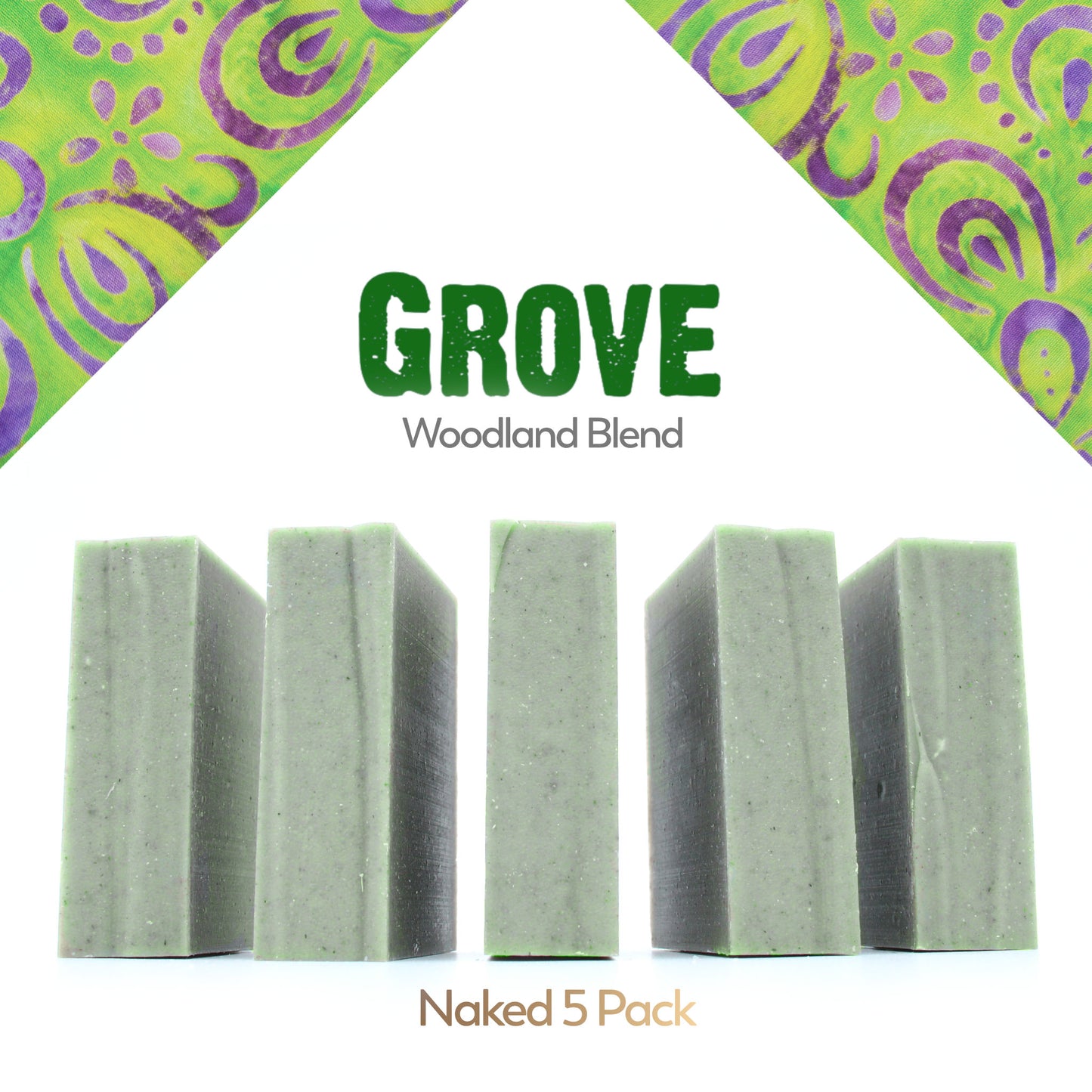 A naked five pack of Grove cedar & pine essential oil and rhassoul clay organic bar soap from ground Soap.