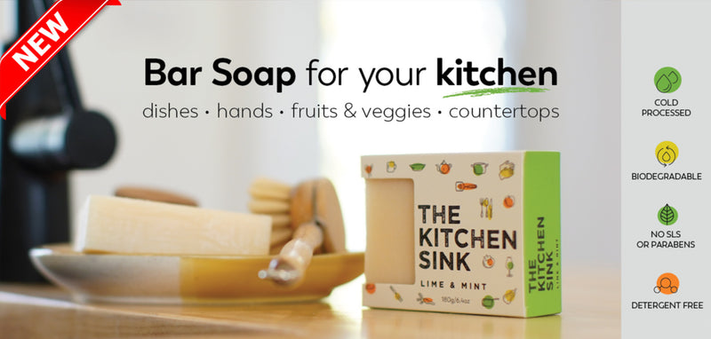 The Kitchen Sink kitchen bar soap by Ground Soap. A bar of kitchen soap on the counter by the sink. 