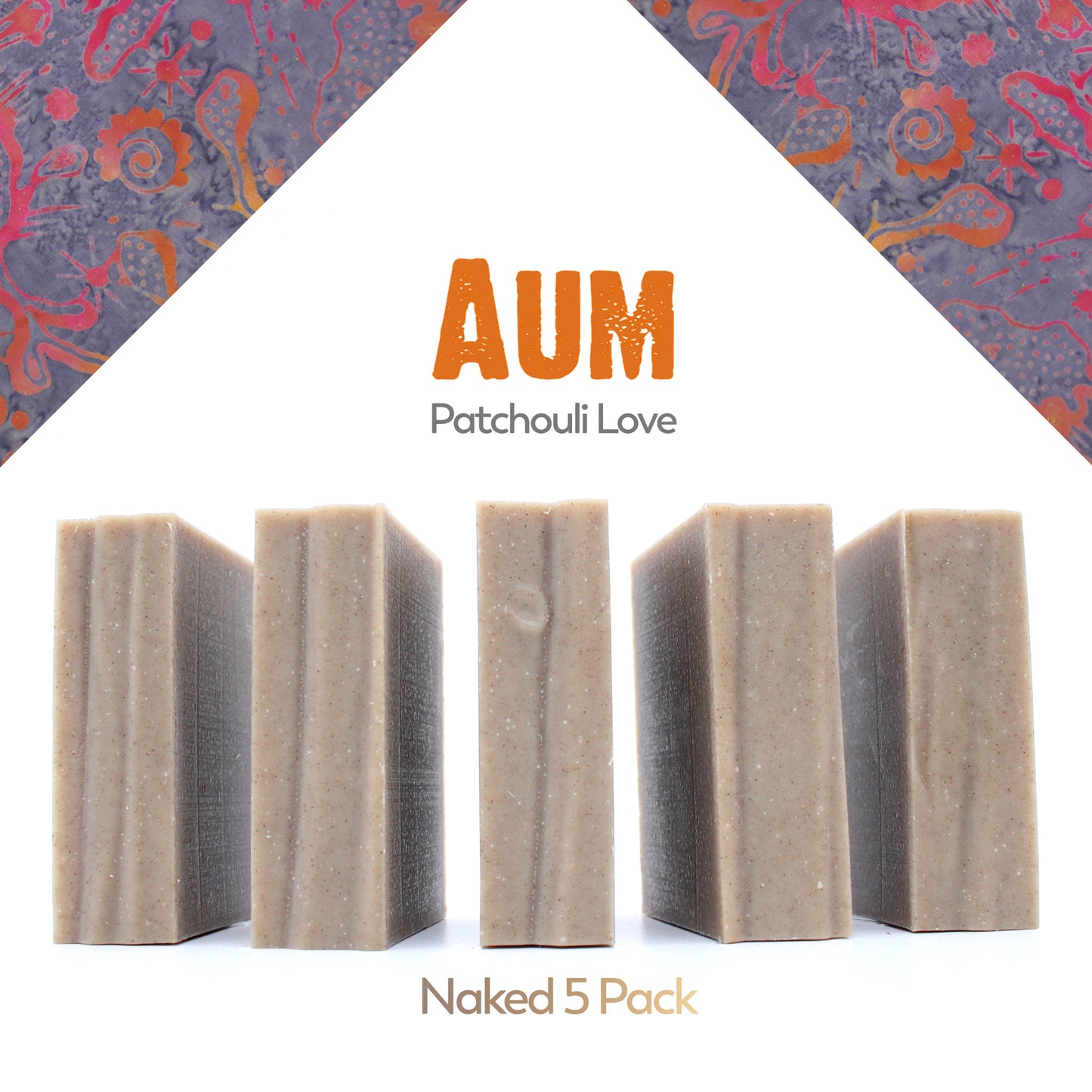 A naked five pack of unpackaged Aum Patchouli essential oil organic bar soap from Ground Soap.
