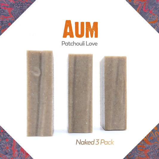 Three pack of unpackaged Aum Patchouli essential oil organic bar soap from Ground Soap. 