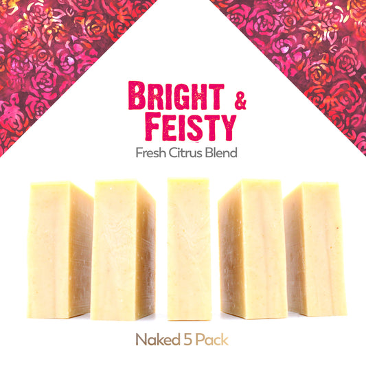 Naked five pack of Bright & Feisty citrus essential oil blend organic bar soap from ground Soap.
