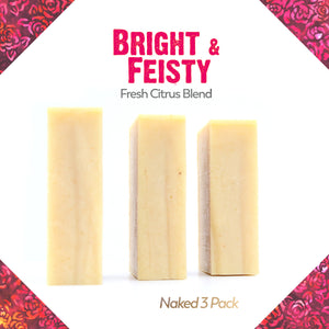 Naked three pack of Bright & Feisty citrus essential oil blend organic bar soap from ground Soap. 