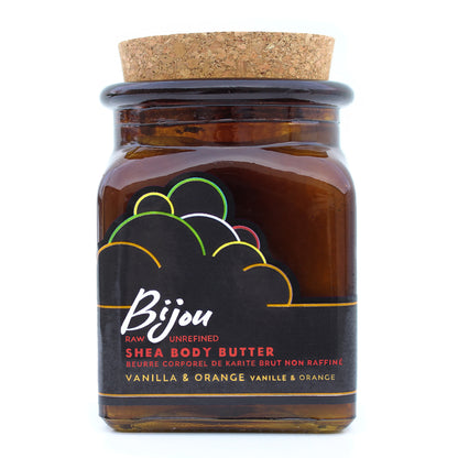 Bijou vanilla & orange shea body butter in a glass jar.