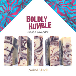 Naked five pack of Boldly Humble star anise essential oil organic bar soap from ground Soap.