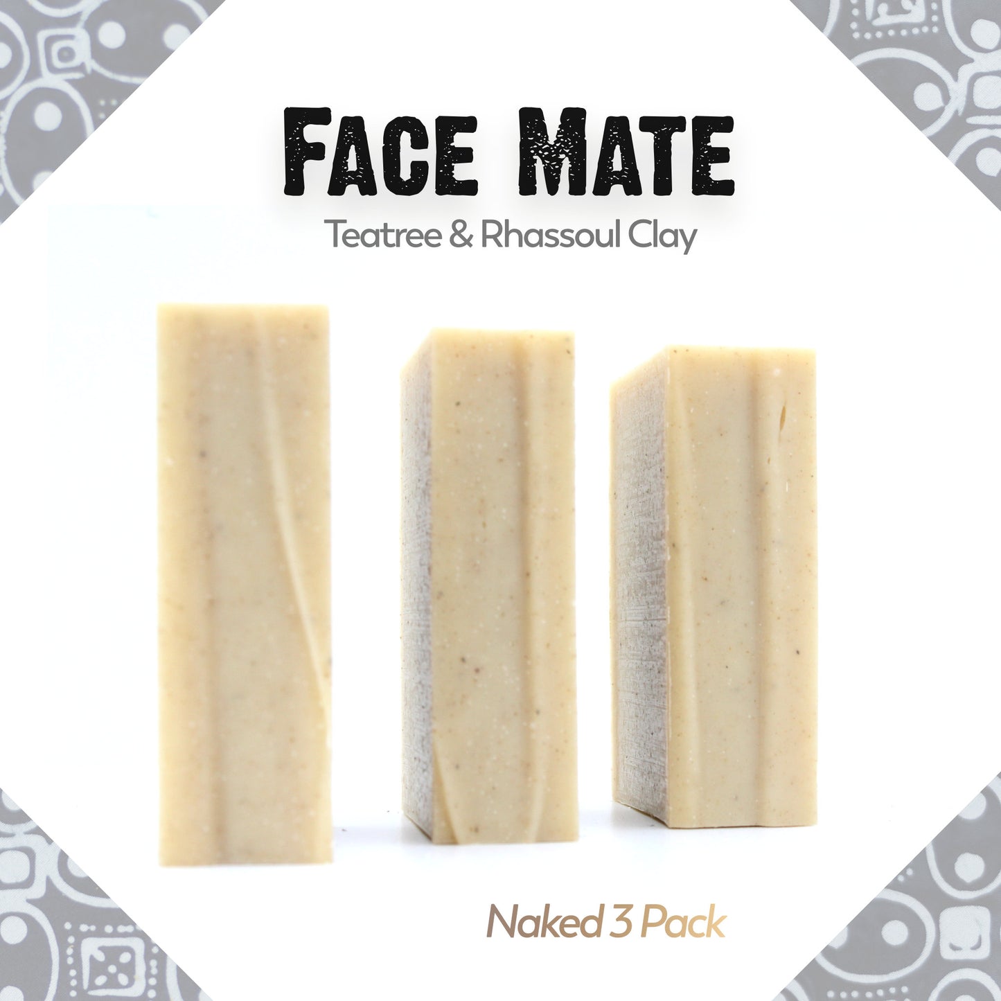 Naked three pack of Face Mate Teatree essential oil and rhassoul clay organic bar soap from ground Soap. 