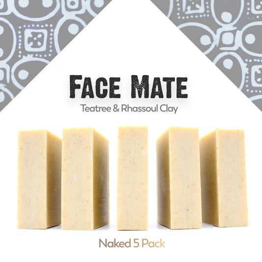 A naked five pack of Face Mate Teatree essential oil and rhassoul clay organic bar soap from ground Soap.  