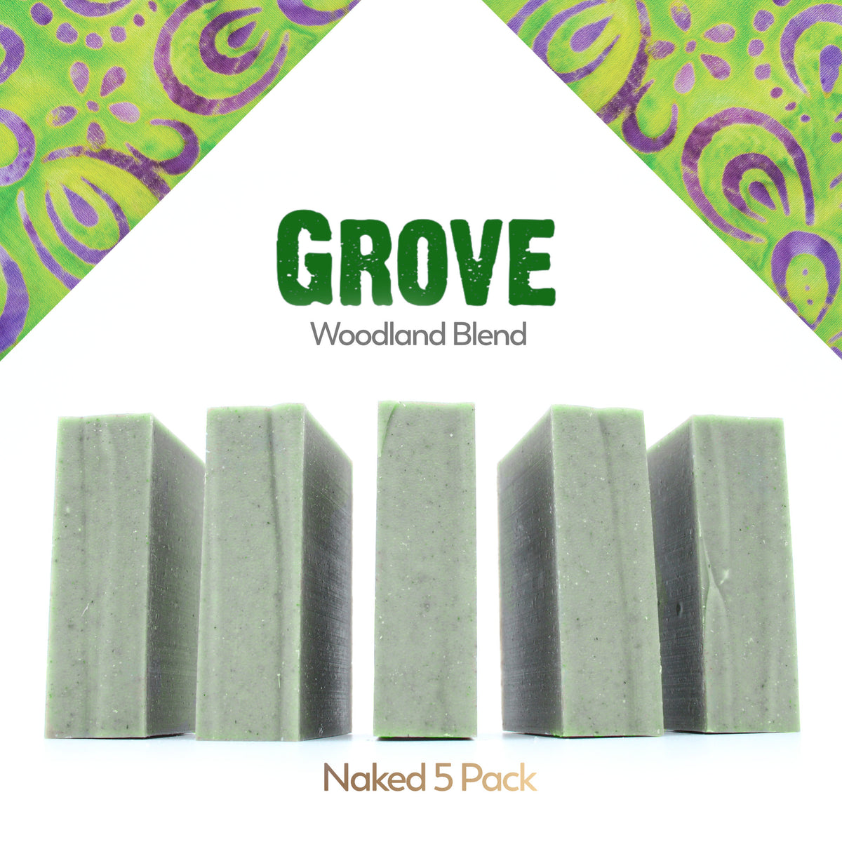A naked five pack of Grove cedar & pine essential oil and rhassoul clay organic bar soap from ground Soap.  