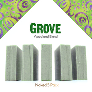 A naked five pack of Grove cedar & pine essential oil and rhassoul clay organic bar soap from ground Soap.  