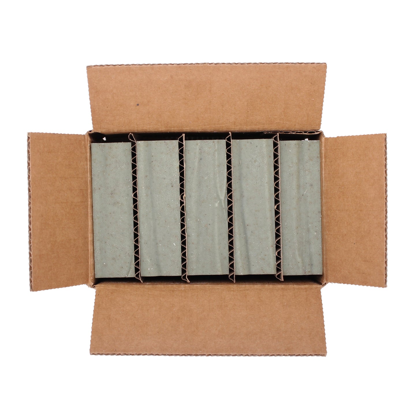 A naked five pack of Grove cedar & pine essential oil and rhassoul clay organic bar soap from ground Soap.  