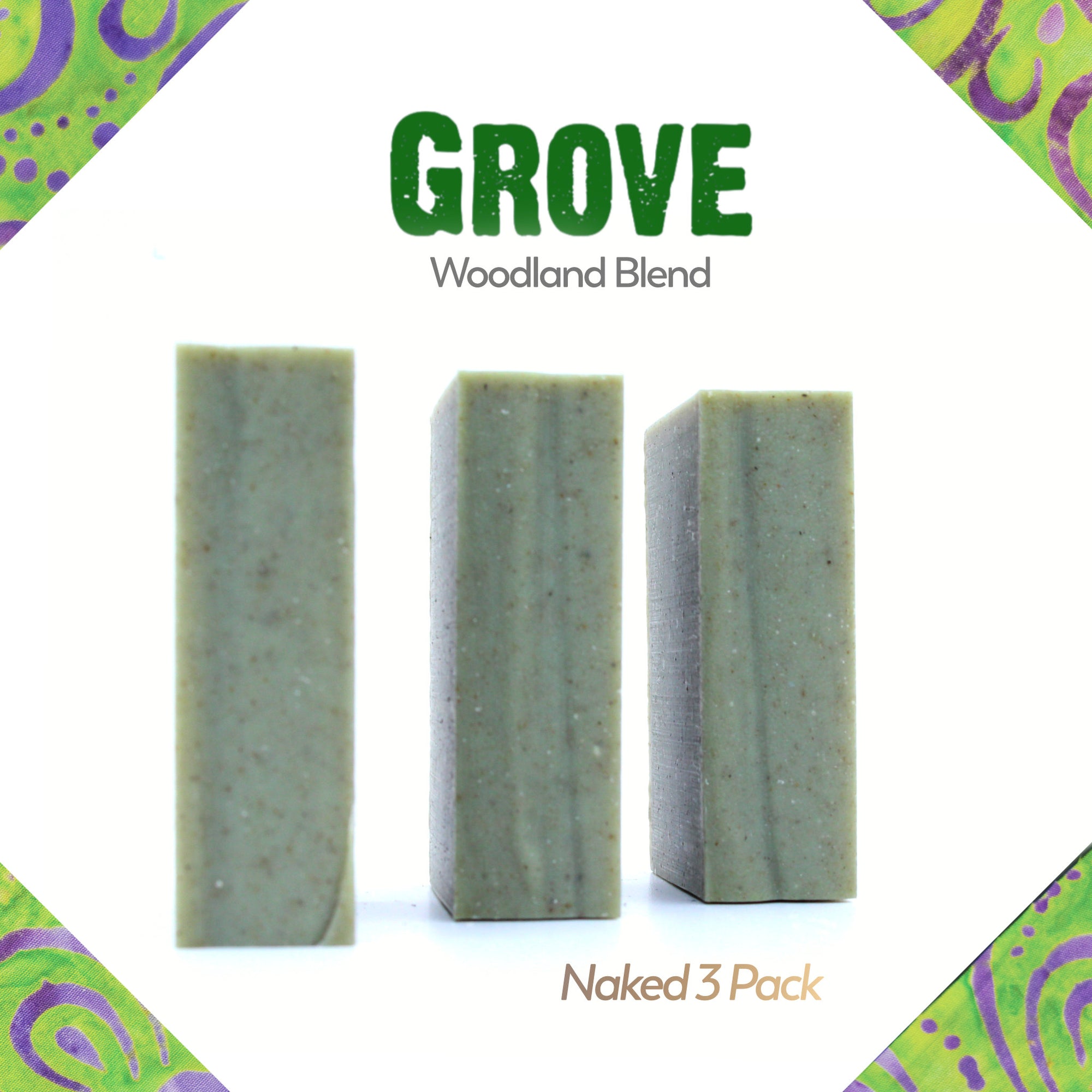 A naked three pack of Grove cedar & pine essential oil and rhassoul clay organic bar soap from ground Soap.