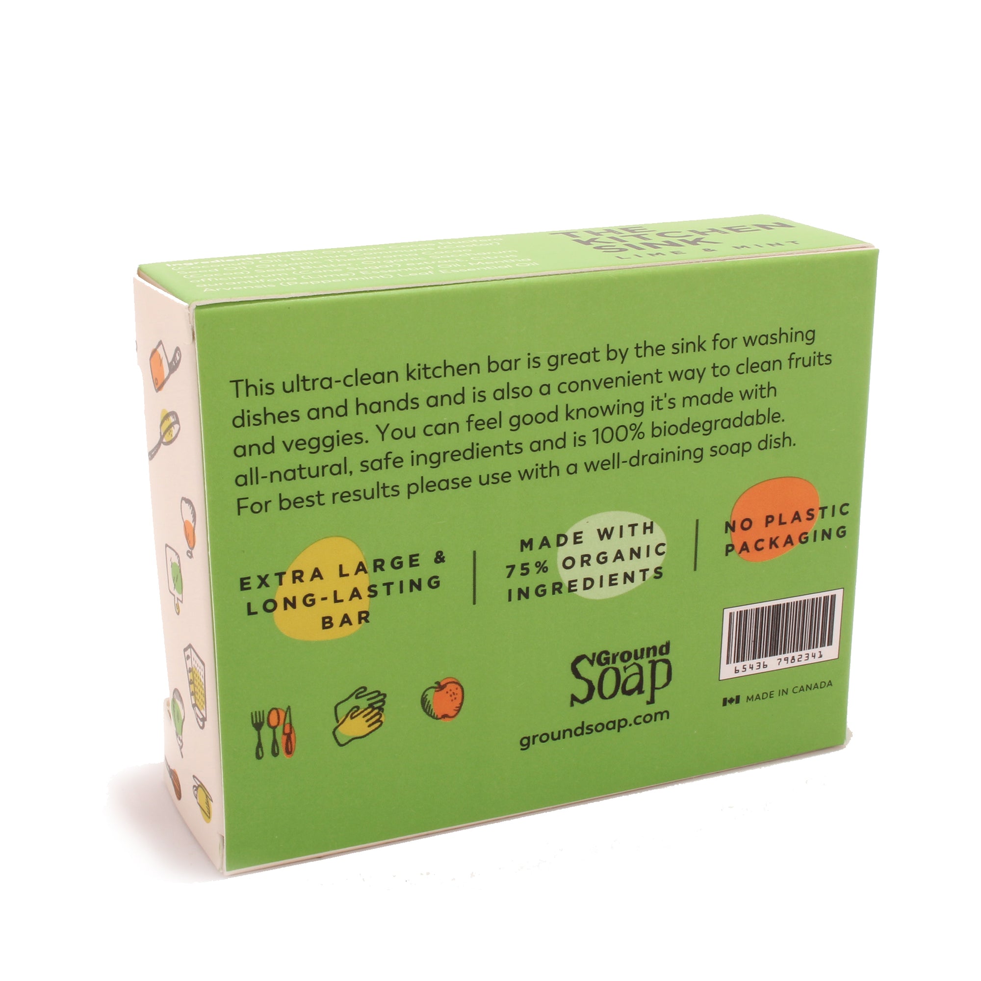 A bar of the Kitchen Sink soap bar for the kitchen back of the box.