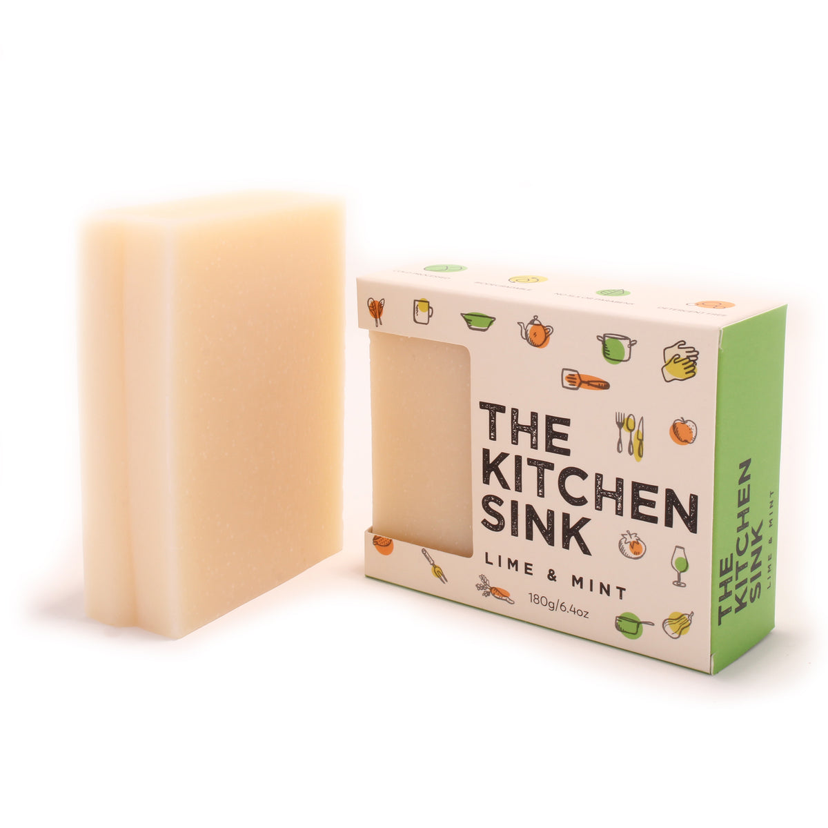 A bar of the Kitchen Sink soap bar for the kitchen in the box and naked..