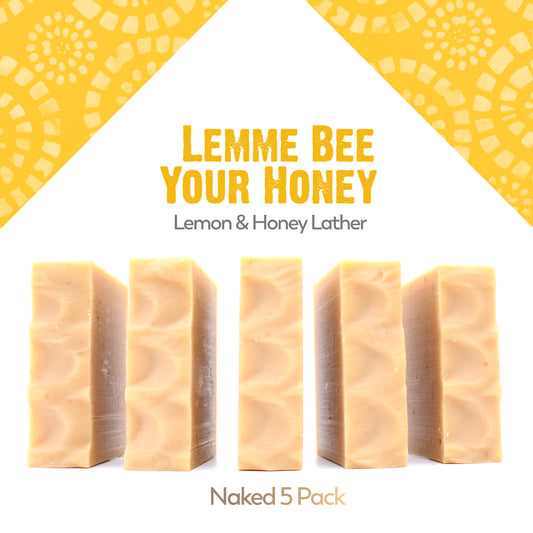 A naked five pack of Lemme Bee Your Honey lemon essential oil and honey organic bar soap from Ground Soap.