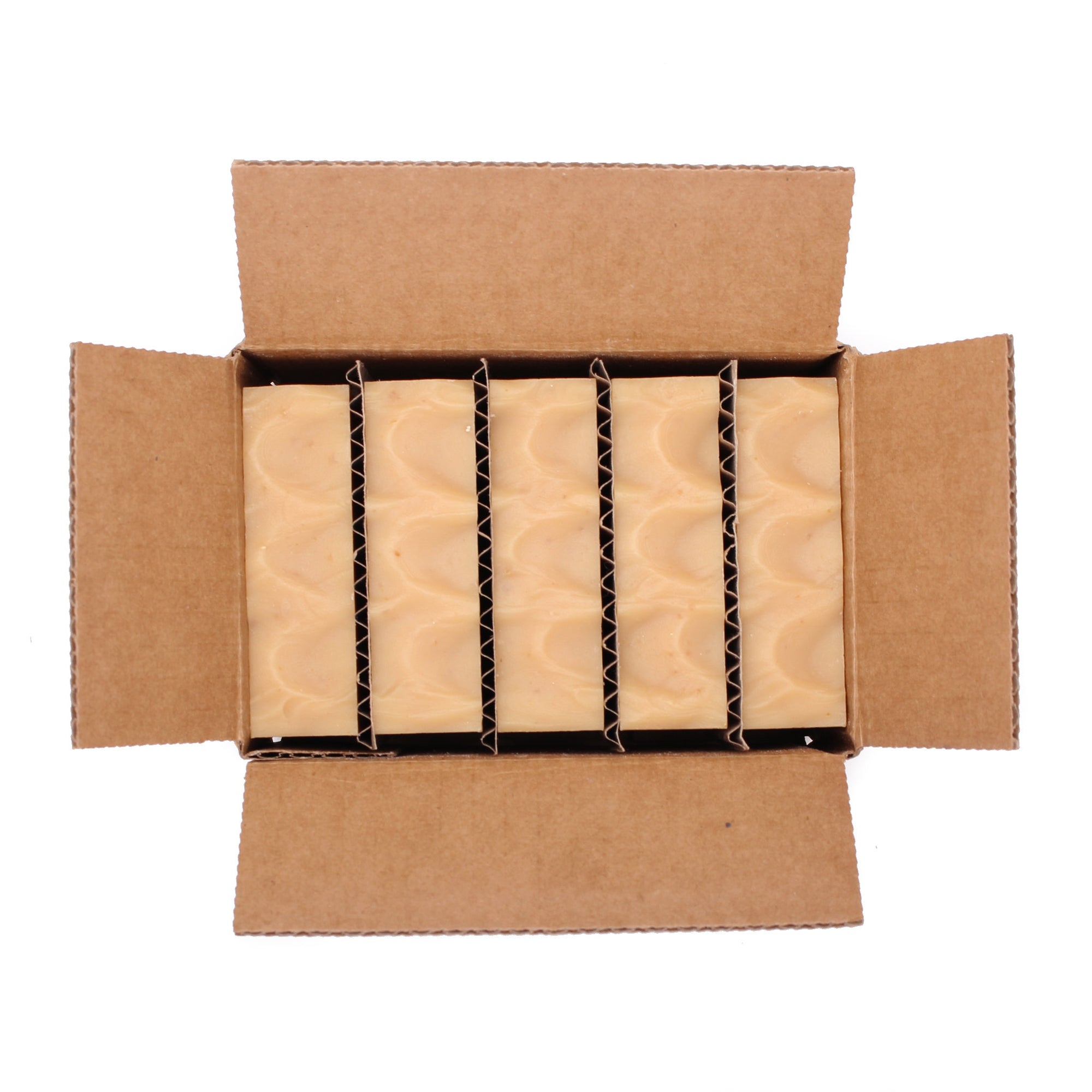 A naked five pack of Lemme Bee Your Honey lemon essential oil and honey organic bar soap from Ground Soap.  Edit alt text