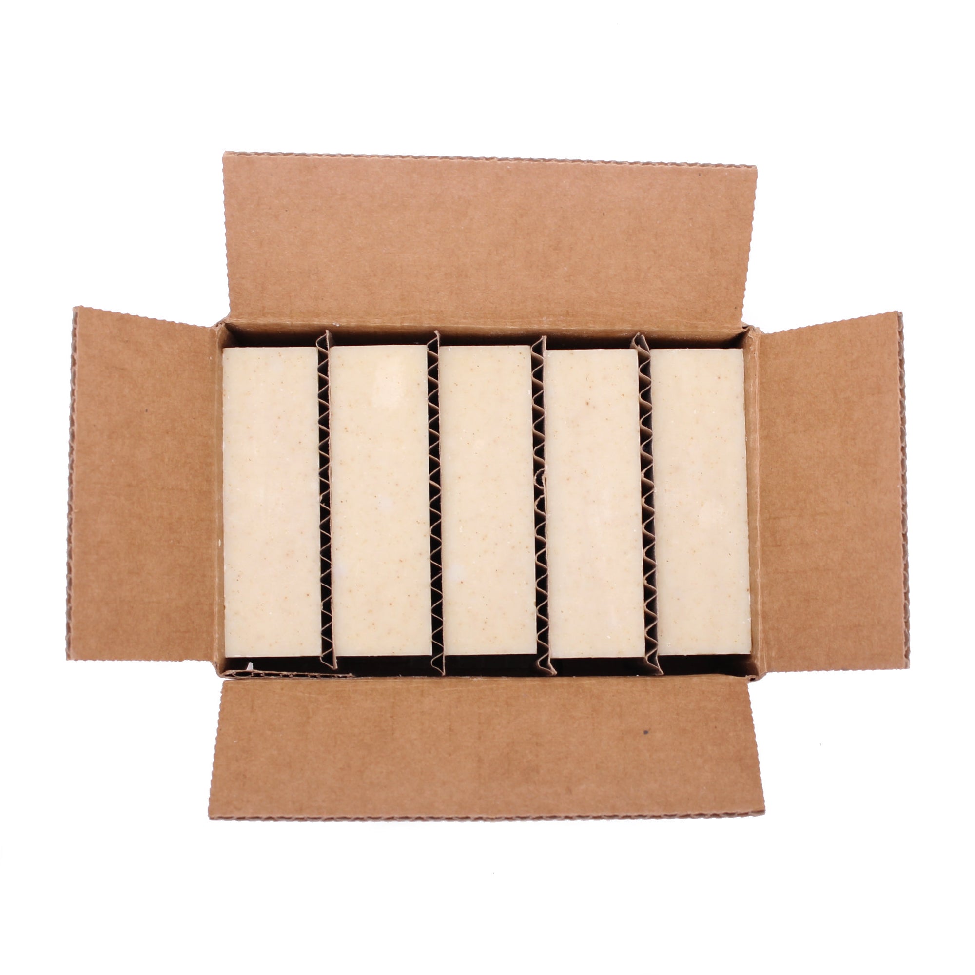 A naked five pack of Plain Jane Unscented organic bar soap from ground Soap in a box.
