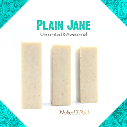 A naked three pack of Plain Jane Unscented organic bar soap from ground Soap.