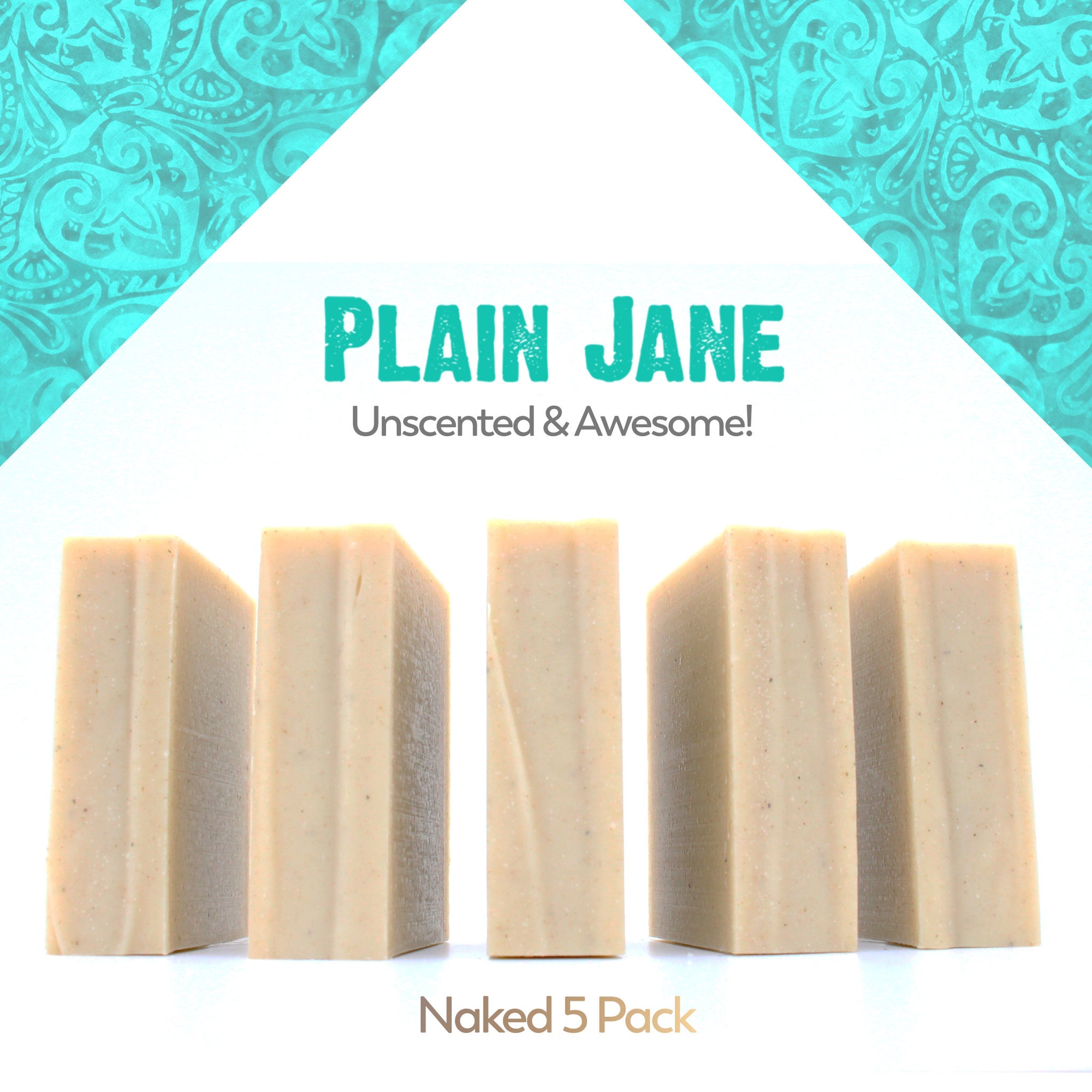 A naked five pack of Plain Jane Unscented organic bar soap from ground Soap.